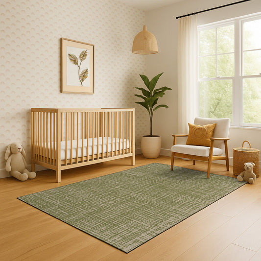 Neutral baby nursery with calm aesthetic and decorative dual use exercise mat and play mat in basque colorway.