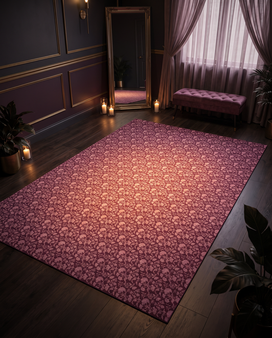 Flora Velour extra-large mat in a moody floral design styled in a feminine home gym, its 6x9 ft non-toxic foam serving as a yoga and workout space