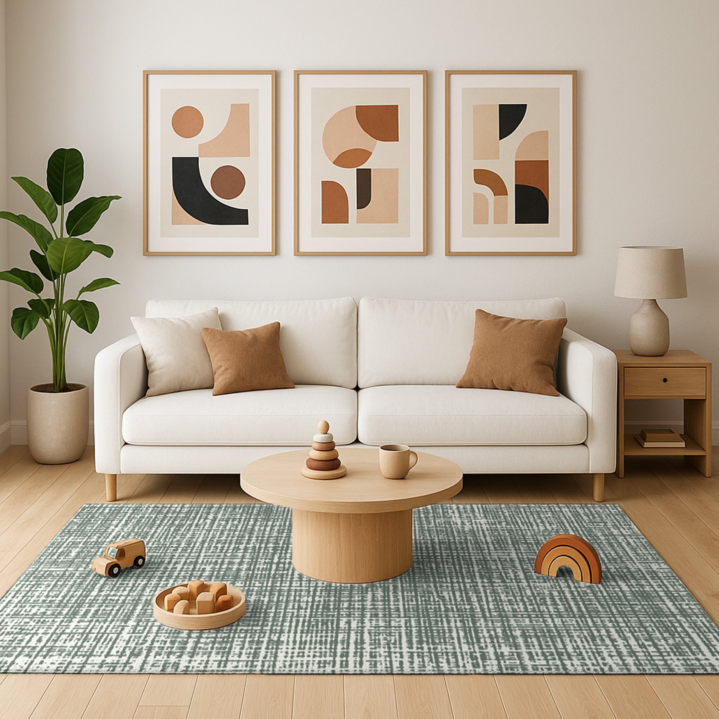 Green Swankymat foam exercise mat and play mat in modern living room with toys, coffee table, white sofa, abstract art.