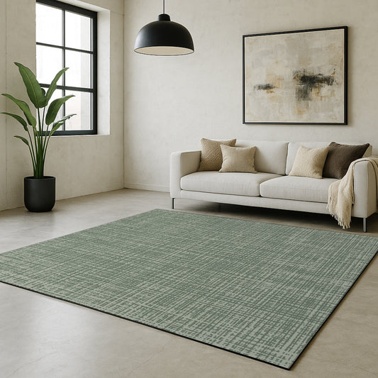 Decorative green neutral Swankymat foam exercise mat and play mat in modern living room with toys, coffee table, white sofa, abstract art.