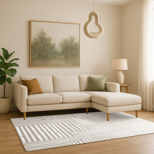 Neutral striped Swankymat exercise mat and play mat in modern living room with beige sofa, wood floor, and soft lighting.