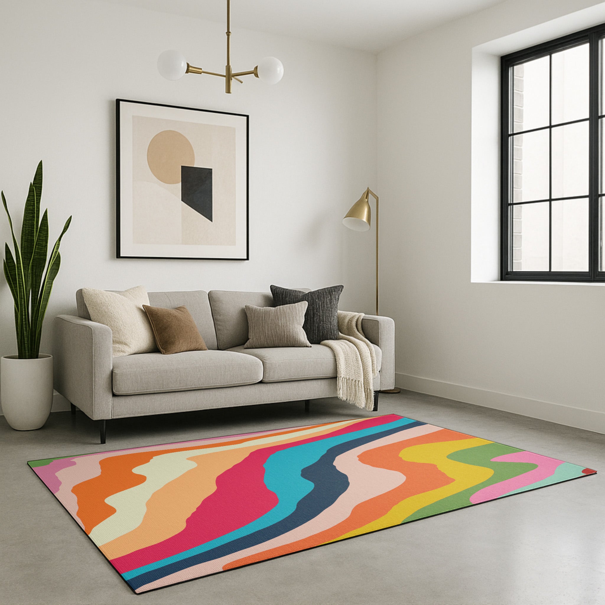 Swankymat rainbow abstract exercise mat and play mat in modern living room with grey sofa, black window, and wall art.