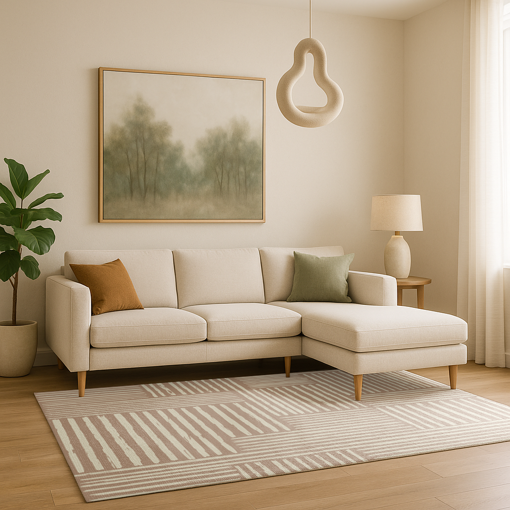 Tan striped Swankymat exercise mat and play mat in modern living room with beige sofa, wood floor, and wall art.