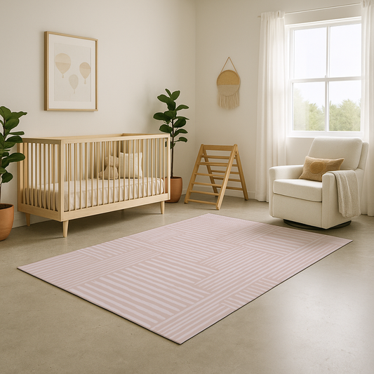 Pink and White striped Swankymat exercise mat and play mat in modern nursery baby room with sofa, wood floor, soft lighting.