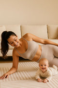 Rhodes Camel Swankymat — non-toxic exercise, yoga, and play mat in neutral camel stripe pattern
