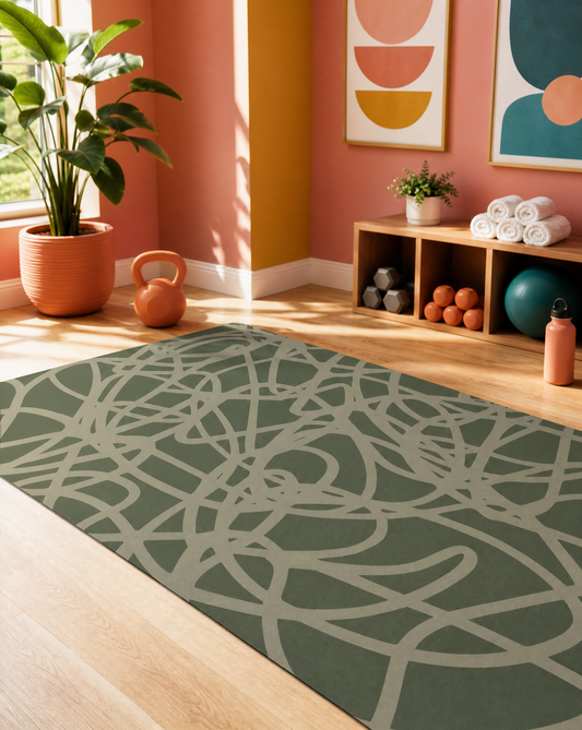 Scribble Forest extra-large mat in forest-green hand-drawn scribble styled in a lively home gym, its 6x9 ft non-toxic foam as a workout and play space