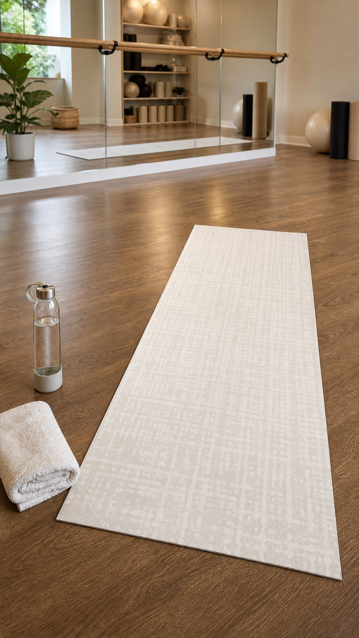 Swankymat Sloane Dust Studio Mat rolled out full-length on a wood floor with a pilates ball and foam roller— a rollable, non-toxic high-density foam exercise mat for yoga, pilates, and HIIT in a neutral Dust crosshatch.