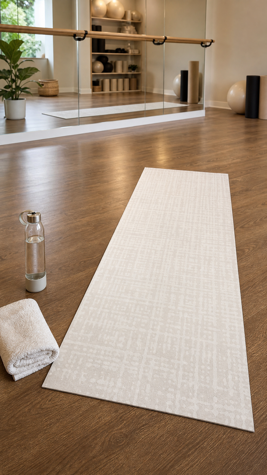 Swankymat Sloane Dust Studio Mat rolled out full-length on a wood floor with a pilates ball and foam roller— a rollable, non-toxic high-density foam exercise mat for yoga, pilates, and HIIT in a neutral Dust crosshatch.