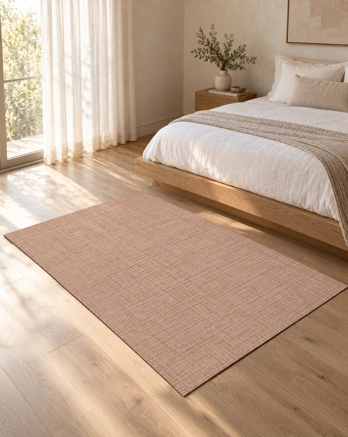 Sloane Blush Oversized Mat at the foot of a bed in a serene bedroom, a soft blush non-toxic extra large exercise mat