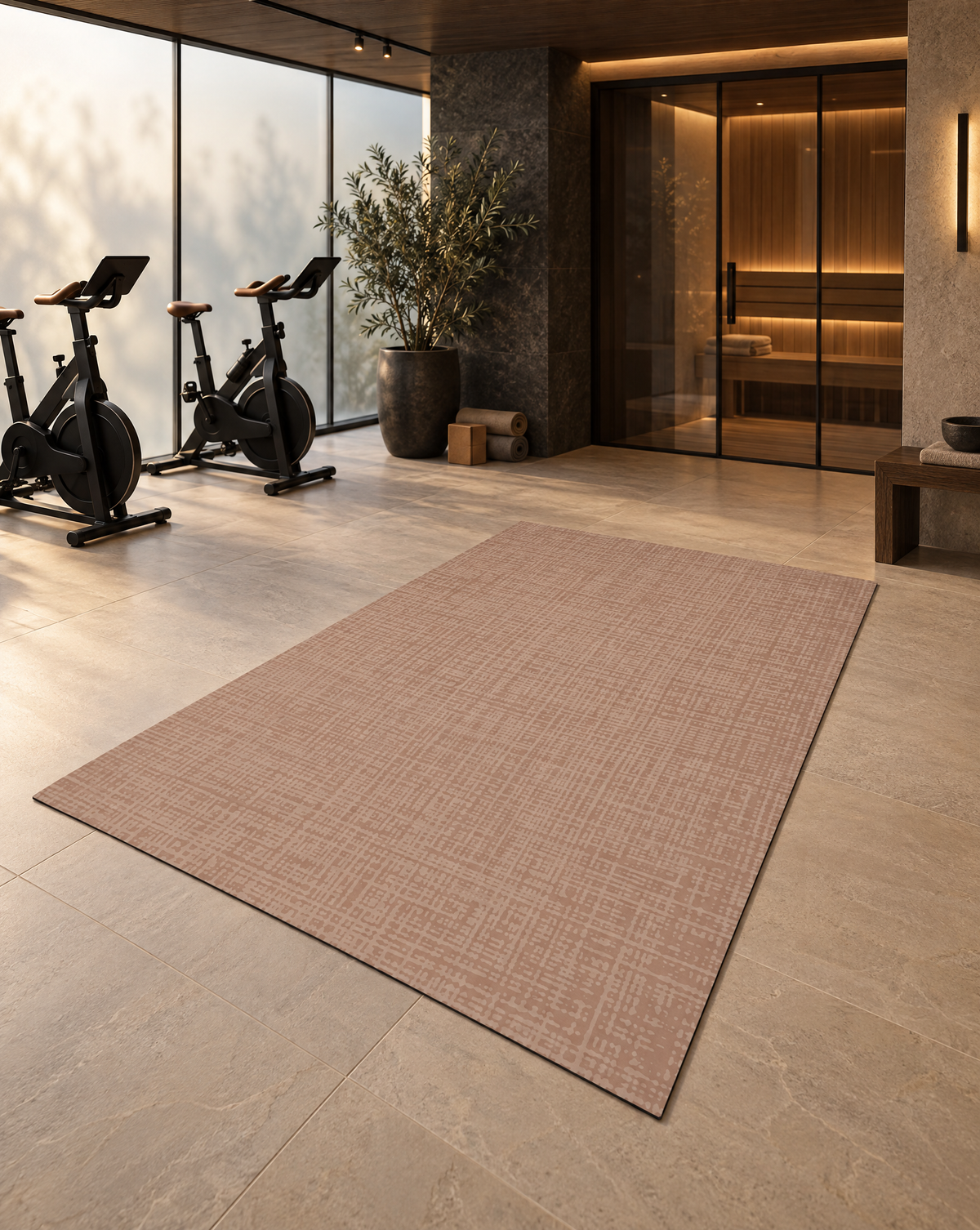 Sloane Blush Oversized Mat in a warm wood-toned home gym, a 6x9 non-toxic exercise mat in a soft blush crosshatch