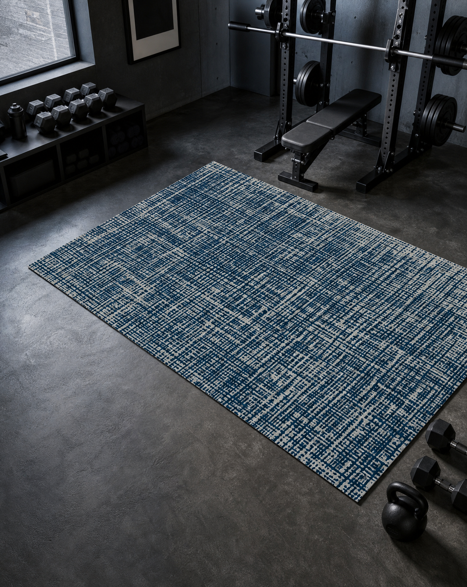 Swankymat Sloane mat in Navy styled in a masculine home gym with free weights