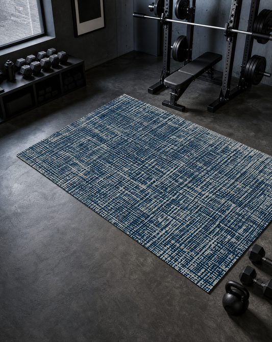 Swankymat Sloane mat in Navy styled in a masculine home gym with free weights