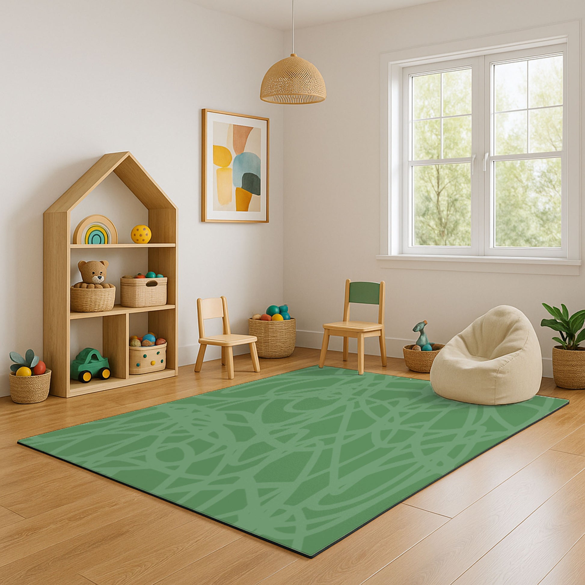 Swankymat scribble forest green foam exercise mat and play mat in a kids’ playroom with toys, beanbag, and wood accents.