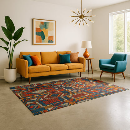 Colorful tribal geometric Swankymat foam exercise mat and play mat styled in a modern boho living room with mustard sofa.