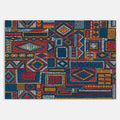 Swankymat tribal geometric foam exercise mat and play mat with colorful red, blue, and yellow pattern design.
