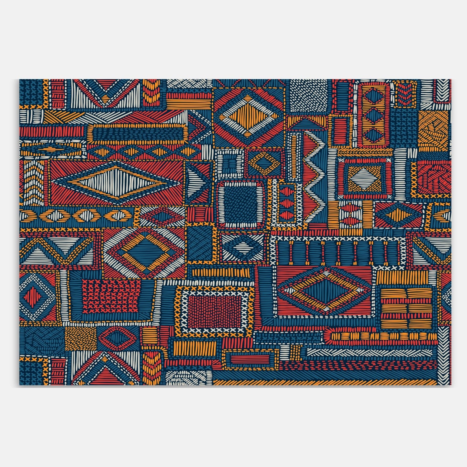 Swankymat tribal geometric foam exercise mat and play mat with colorful red, blue, and yellow pattern design.