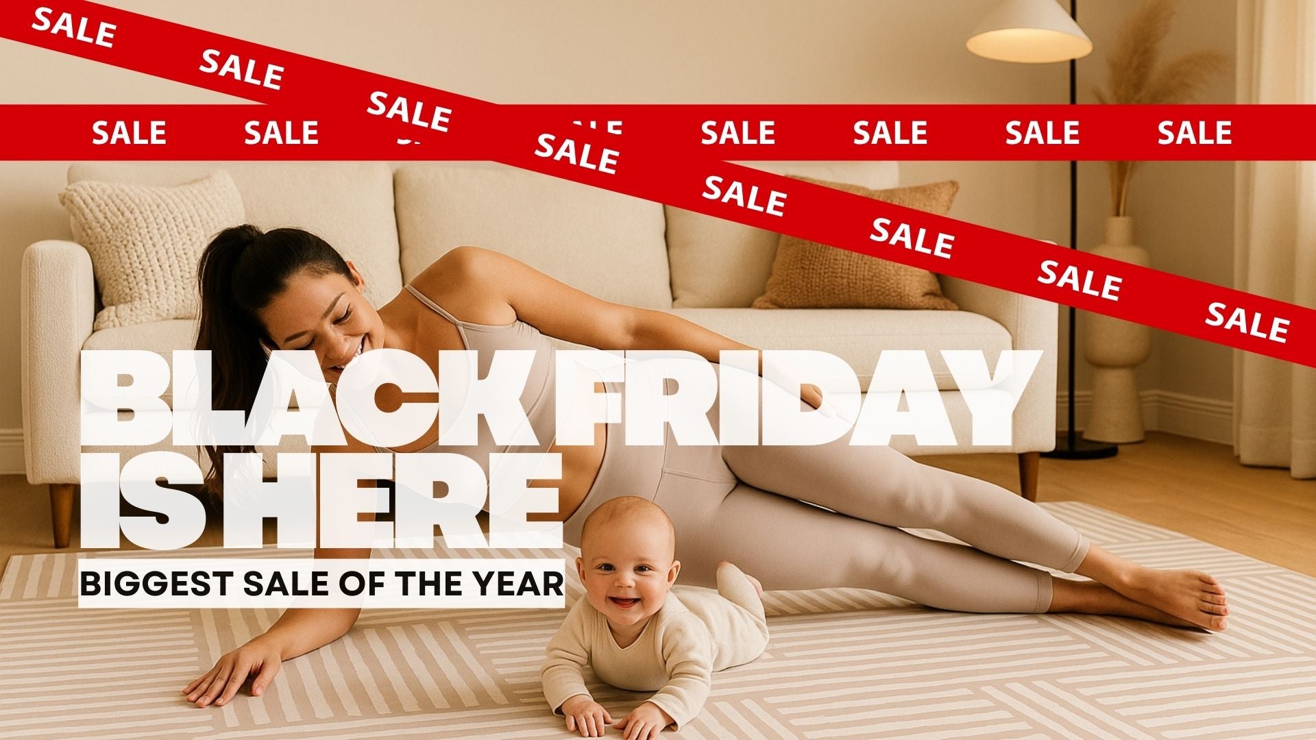 Mom doing a side plank on a neutral Swankymat yoga mat and baby play mat with her baby smiling beside her - Black Friday sitewide deals