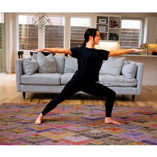 Swankymat non-toxic eco-friendly extra large exercise mat and play mat in Catalina multicolor pink design used for yoga in modern living room