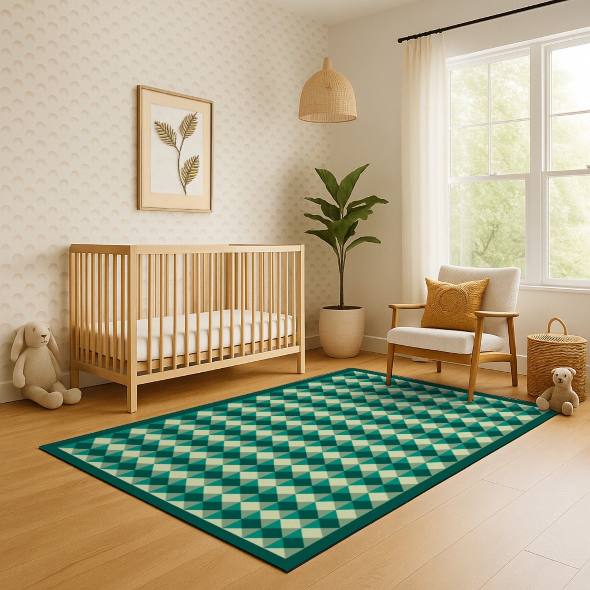 Swankymat non-toxic eco-friendly extra large exercise mat and play mat in modern green geometric pattern in nursery with crib and armchair