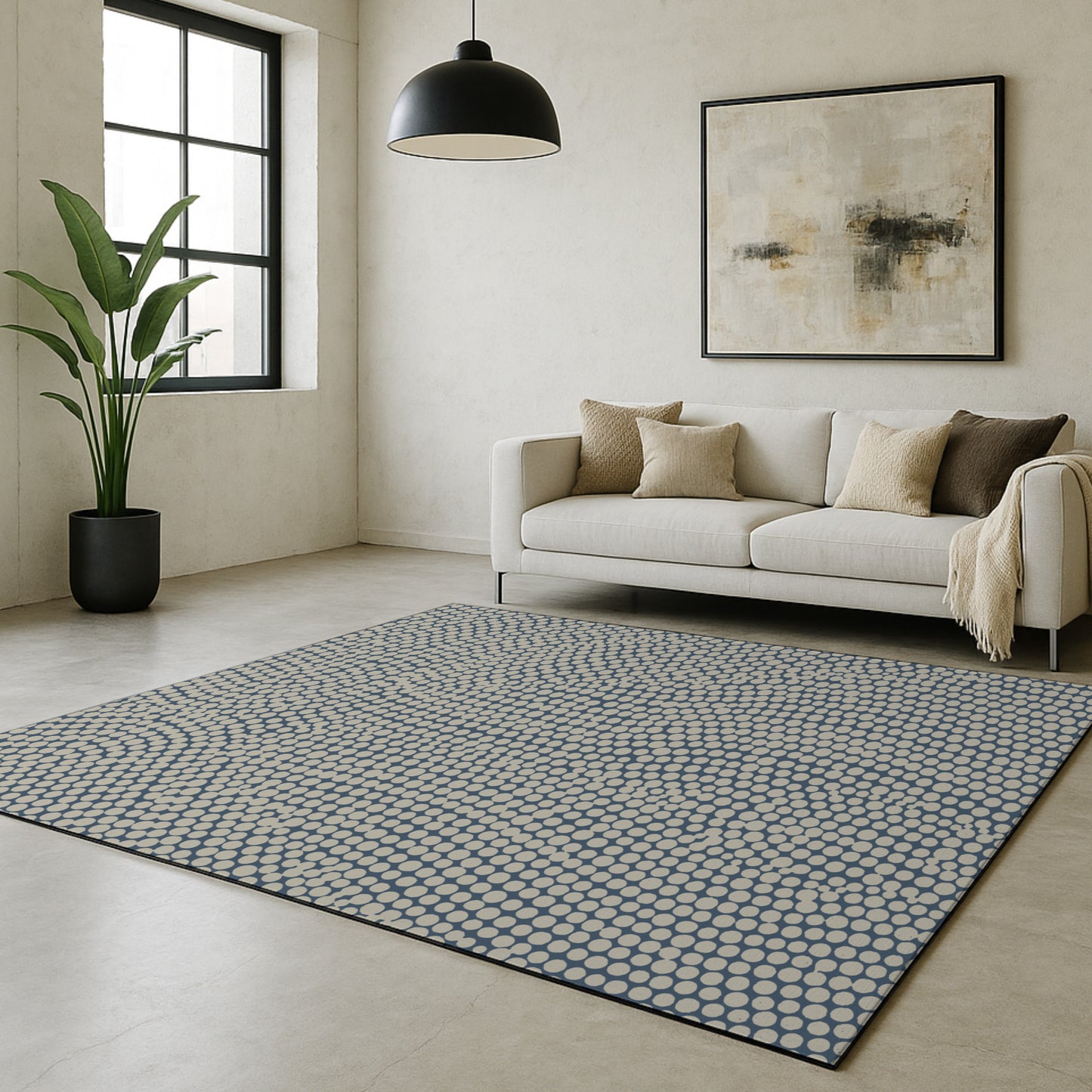 Swankymat non-toxic eco-friendly extra large exercise mat and play mat in modern neutral circles pattern with blue accent color in living room