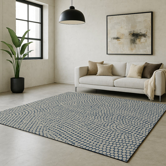 Swankymat non-toxic eco-friendly extra large exercise mat and play mat in modern neutral circles pattern with blue accent color in living room