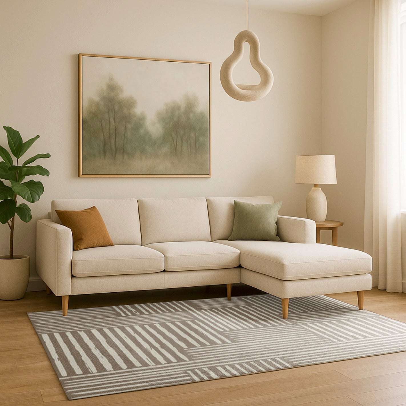 Swankymat non-toxic foam play mat and exercise mat with neutral striped pattern styled in a modern living room.