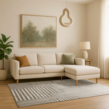 Swankymat non-toxic foam play mat and exercise mat with neutral striped pattern styled in a modern living room.