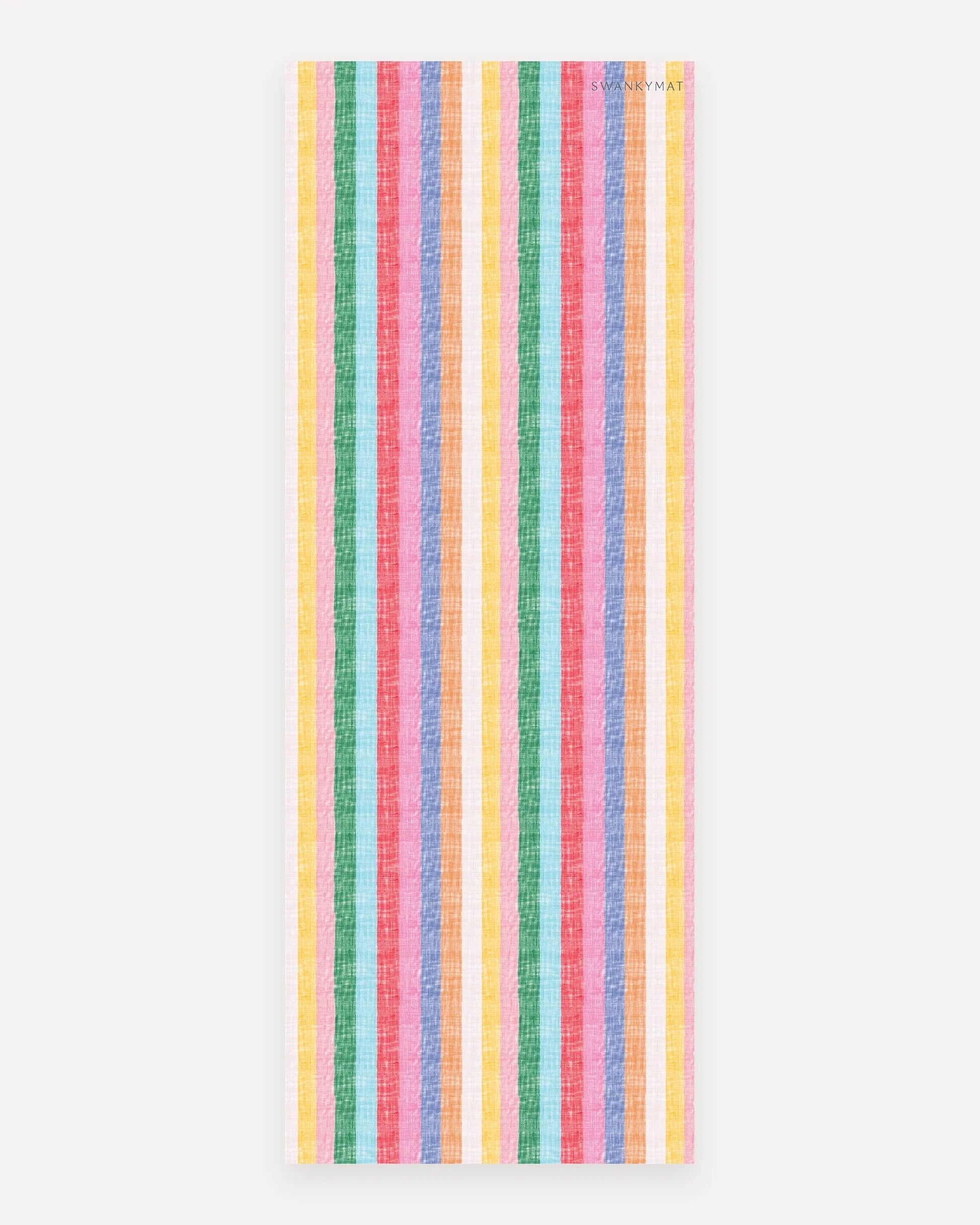 Swankymat The Riviera Mat non-toxic foam studio yoga and exercise mat, 26 by 71 inch studio size, bright multicolor woven cabana stripe pattern in yellow, green, aqua, coral, pink, blue, and orange shown flat from above