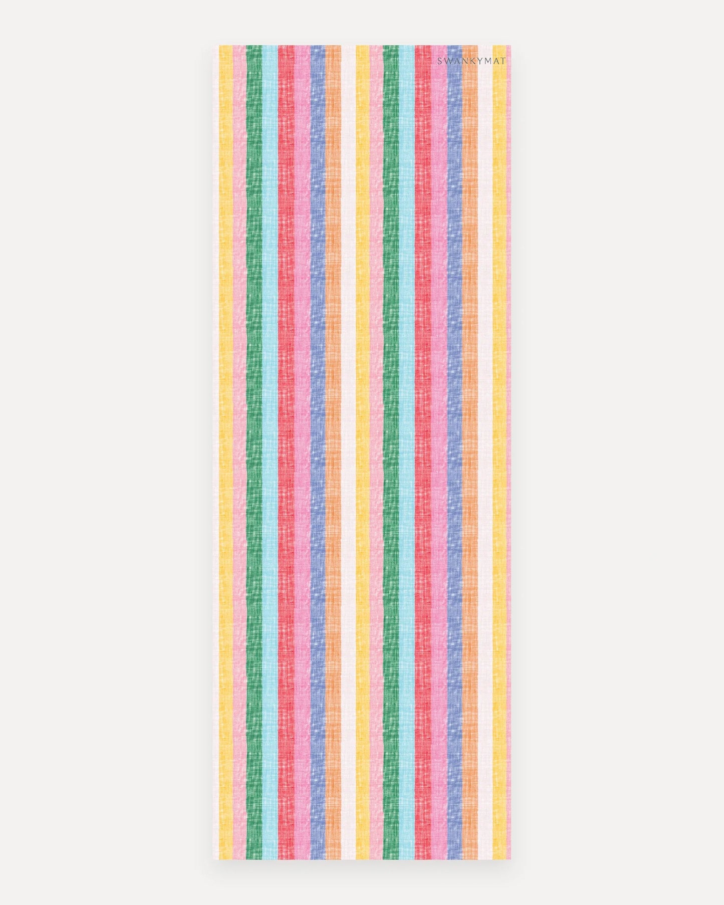 Swankymat The Riviera Mat non-toxic foam studio yoga and exercise mat, 26 by 71 inch studio size, bright multicolor woven cabana stripe pattern in yellow, green, aqua, coral, pink, blue, and orange shown flat from above