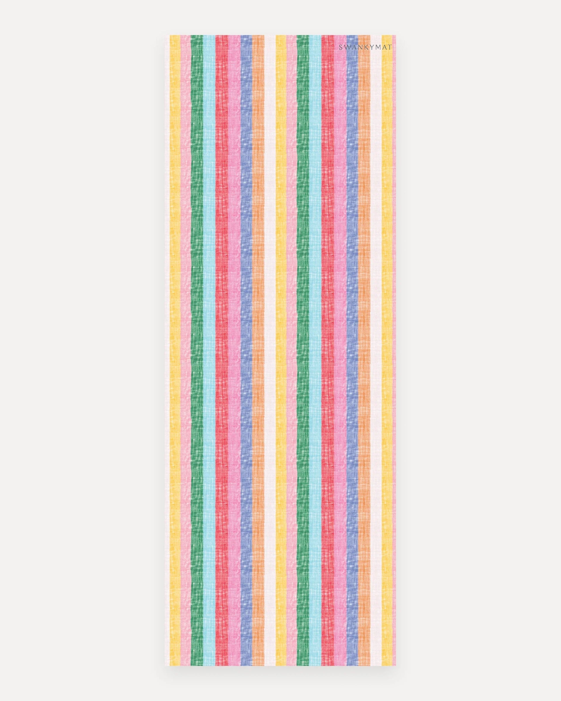 Swankymat The Riviera Mat non-toxic foam studio yoga and exercise mat, 26 by 71 inch studio size, bright multicolor woven cabana stripe pattern in yellow, green, aqua, coral, pink, blue, and orange shown flat from above