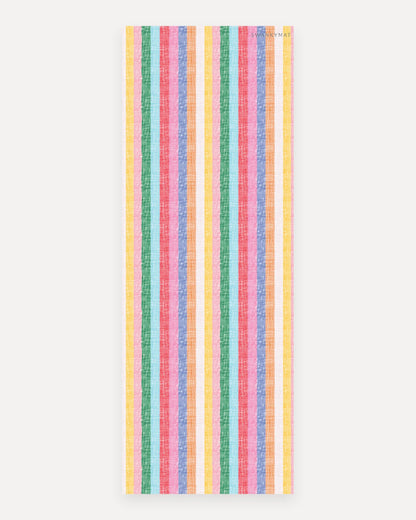 Swankymat The Riviera Mat non-toxic foam studio yoga and exercise mat, 26 by 71 inch studio size, bright multicolor woven cabana stripe pattern in yellow, green, aqua, coral, pink, blue, and orange shown flat from above